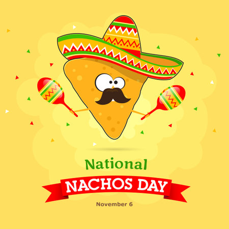 Cartoon nachos in a Mexican hat and maracas in his hands. Concept for a banner for the national holiday, Nachos Day. Vector, illustrationのイラスト素材