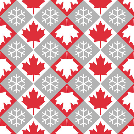 Seamless background with maple leaves and snowflakes. New Year or Canada Day. Wallpaper, gift wrap, banner, poster and cover template. Vector, illustrationのイラスト素材