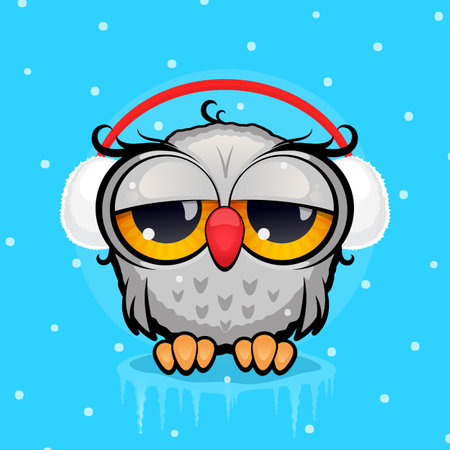 Cartoon Owl with headphones made of white fur against a blue background with watered snow. Winter, new year concept. Vector, illustrationのイラスト素材