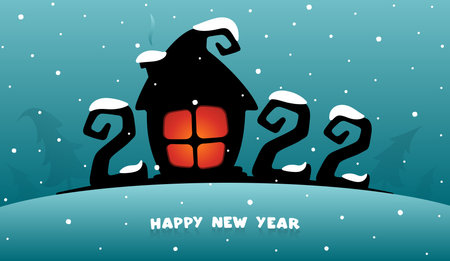 Banner or card 2022 and cartoon house with large windows on a background of snow and snowflakes. Concept Happy New Year. Vector, illustrationのイラスト素材