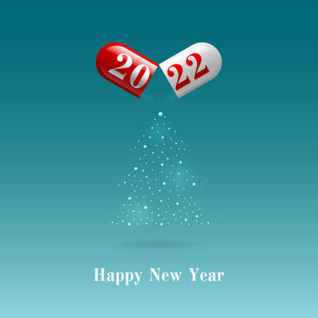 2022 capsule and powder in the shape of a Christmas tree on a blue background. Happy New Year card or square banner concept. Vector, illustrationのイラスト素材