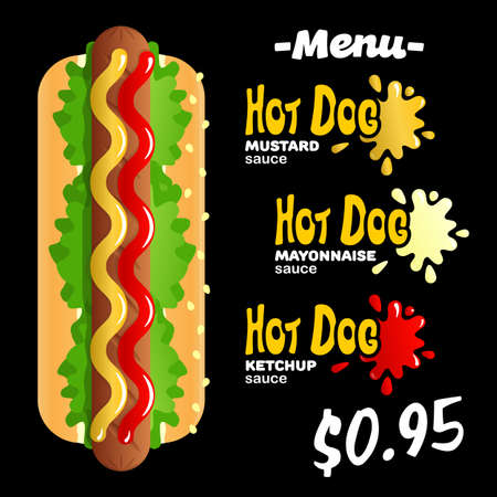 Street food and fast food menu template. Classic Hot Dog with different sauce additions, ketchup, mayonnaise, mustard. Vector, illustrationのイラスト素材