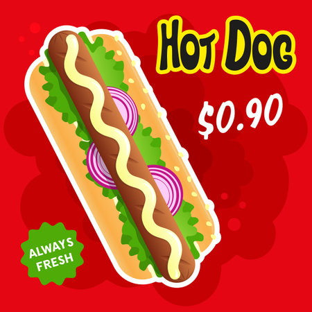 Hot dog with mustard on a red background. Street food and fast food price tag template. Vector, illustrationのイラスト素材