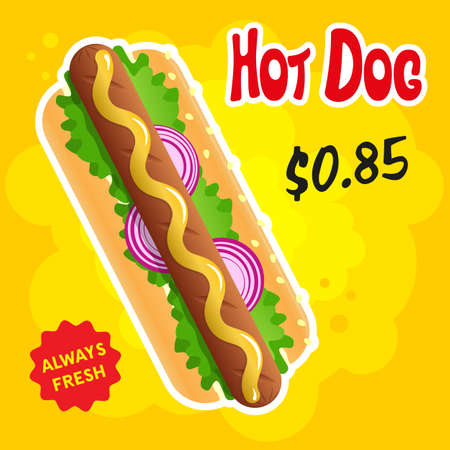 Hot dog with mustard sauce, yellow background. Street food and fast food price tag template. Vector, illustrationのイラスト素材