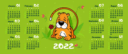 Calendar 2022, year of the Tiger. A tiger with closed eyes holds a red flower in its teeth, and butterflies fly around. Flat style. Vector, illustrationのイラスト素材