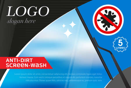 Windshield wiper label template from dirt. Concept for cleaning products, screen wash, polishing, nano-coatings. Vector, illustrationのイラスト素材