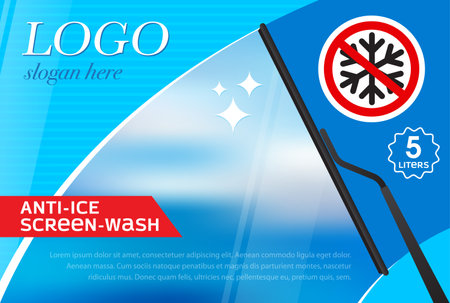 Windshield wiper label template from snow and ice. Concept for cleaning products, screen wash, polishing, nano-coatings. Vector, illustrationのイラスト素材