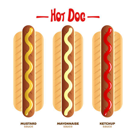 set of classic Hot Dogs with different sauce additions, ketchup, mayonnaise, mustard. Vector, illustrationのイラスト素材