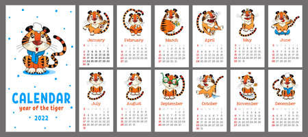 Wall calendar for 2022, Year of the Tiger. 12 cartoon tiger cubs. Week starts on Sunday. Vector, illustrationのイラスト素材