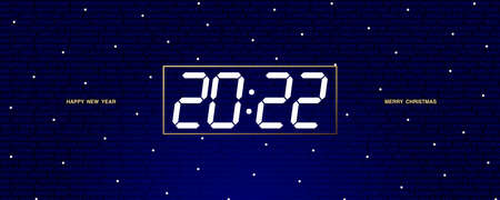 Panoramic banner with digital clock numbers 2022 on blue background with text. Concept New Year and Christmas. Vector, illustrationのイラスト素材