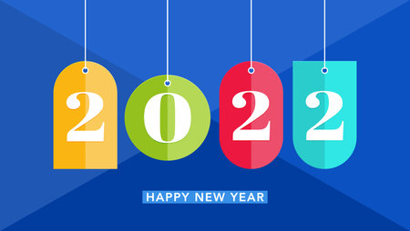 Colored tags on a blue background and number 2022. Festive banner Happy New Year. Flat style. Vector...