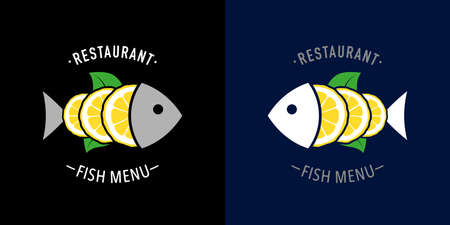 Cover fish menu, seafood. Fish label, logo, for a butcher's restaurant, butcher's shop. Fresh fish with lemons and spices. Vector illustrationのイラスト素材