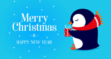 Cute penguin in a red scarf and a gift in hand on a blue background. Banner concept for holidays, merry christmas and happy new year. Vector, illustrationのイラスト素材