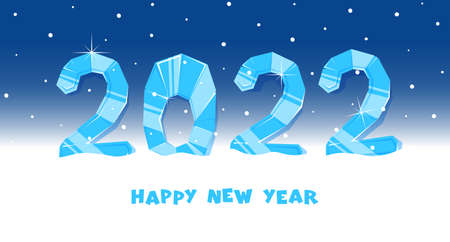 From pieces of ice number 2022 on a white snowdrift with snowfall and blue background. Happy New Year banner. Vector illustrationのイラスト素材