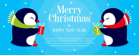 Two penguins with gifts in their hands on a blue background. Panoramic banner concept for holidays, merry christmas and happy new year with place for textのイラスト素材