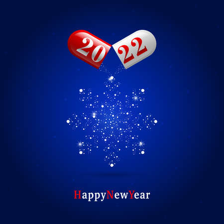 2022 capsule and powder in the form of a snowflake on a blue background. square banner concept Happy new year and merry christmas. Vector, illustrationのイラスト素材