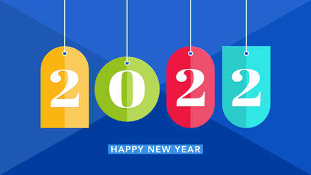 Colored tags on a blue background and number 2022. Festive banner Happy New Year. Flat style. Vector illustrationのイラスト素材