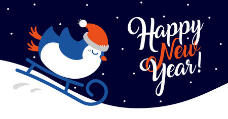 penguin in a hat is rolling on a winter sleigh. Banner or greeting card with the inscription Happy New Year. Vector, illustrationのイラスト素材