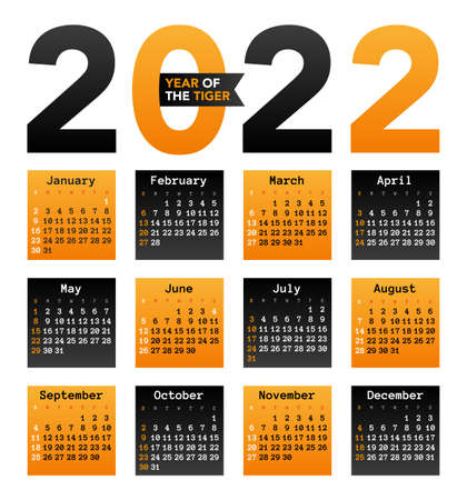 Calendar for 2022. Year of the tiger. Shades of black and orange. Vector illustrationのイラスト素材