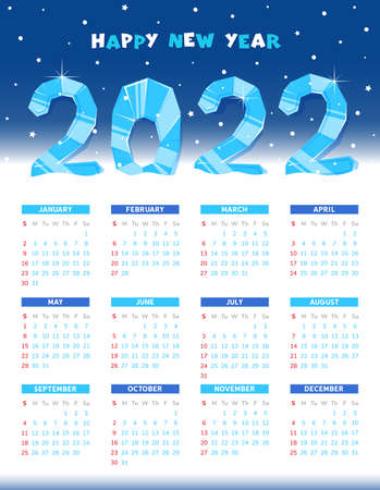 Wall calendar for 2022. Number made from pieces of ice on a white snowdrift with snowfall and blue background. Happy New Year. Vector illustrationのイラスト素材