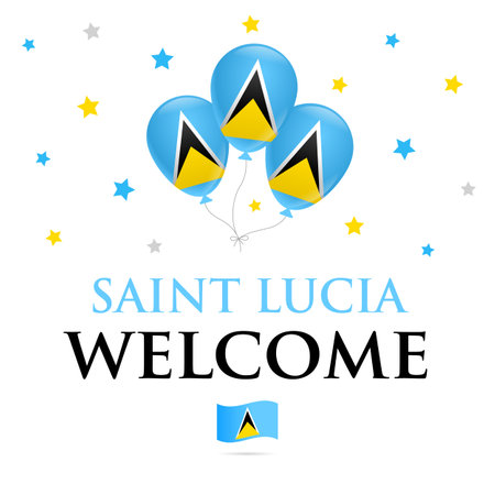 Balloons with flag and text Welcome to Saint Lucia. Banner or invitation, copy space. Vector, illustrationのイラスト素材