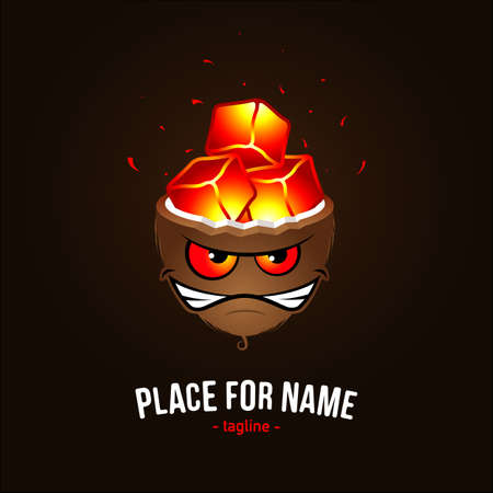 Cartoon coconut and coconut charcoal cubes for hookah. Template for a logo or emblem. Vector, illustrationのイラスト素材