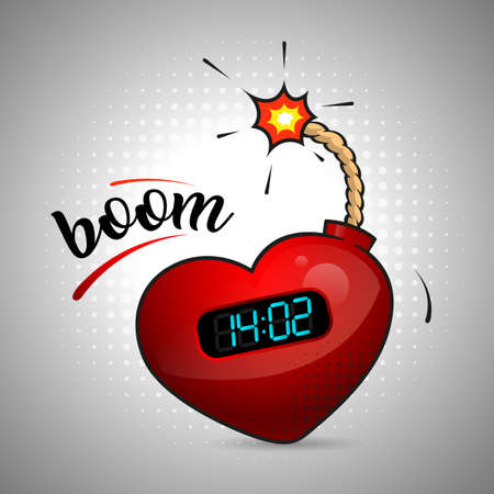 Bomb in the shape of a heart and a clockwork with the numbers 14 and 02. The concept of a square banner or invitation card for the holiday of Valentines Day. Vector, illustratorのイラスト素材