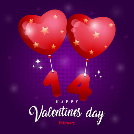 Heart shaped balloons and number 14 on a purple background. Concept for a square banner or invitation card for the holiday of Happy Valentines Day. Vector, illustratorのイラスト素材