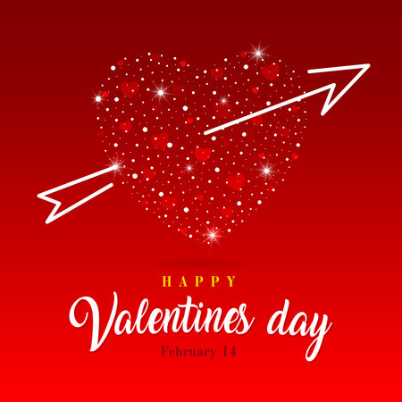 Abstract heart made of small parts and a white arrow on a red background. love concept. Square banner, Valentine's Dayのイラスト素材
