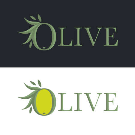 Olive logo two options for olive oil label. Abstract letter O in the shape of an olive. Signs, symbolsのイラスト素材