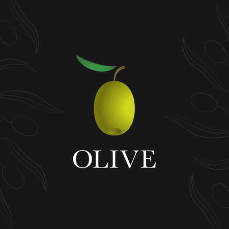 Ripe olive with a leaf on a dark background. Logo concept for canning and olive oil production. Signs, symbolsのイラスト素材