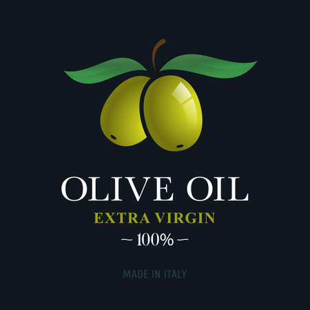 Two ripe olives with leaves on a dark background. Label or emblem concept for olive oil. Signs, symbolsのイラスト素材