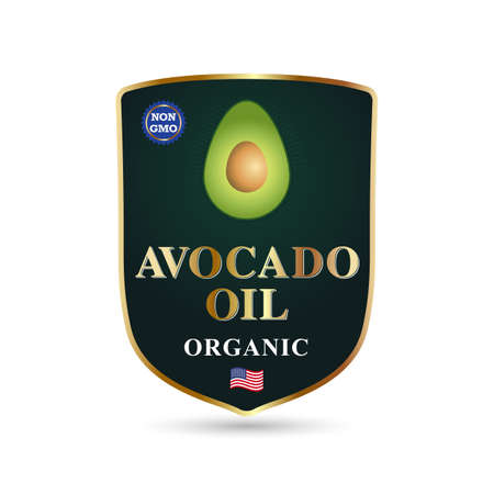 Emblem for avocado oil. Ripe avocado with pit. Label or emblem concept for non-gmo avocado oil producers. Extra virgin oilのイラスト素材