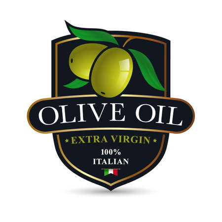 Emblem for olive oil. Ripe olives with green leaves on a dark background label. Extra virgin oilのイラスト素材