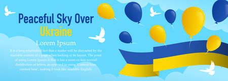 Panoramic banner, Peaceful sky over Ukraine. copy space for text. White doves and balloons against the blue sky. Vector, illustrationのイラスト素材
