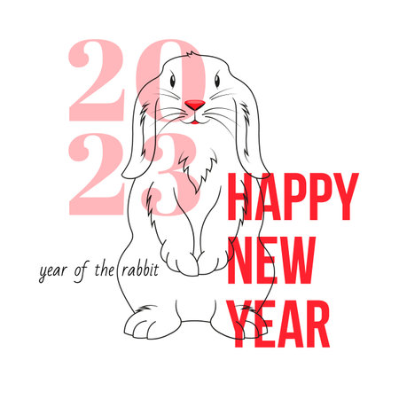 Square banner for 2023 with a cute rabbit, a symbol of the new year. Postcard or invitation Happy New Year. Vector, illustrationのイラスト素材