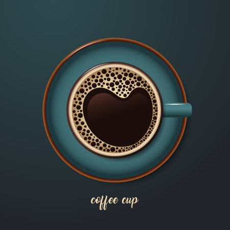 A cup of strong coffee with heart-shaped foam. Dark tone background. top viewのイラスト素材