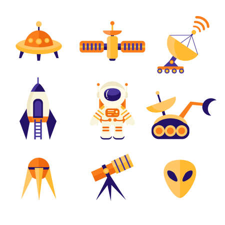 Space Icons Set in flat style. Astronaut, shuttle, alien, rocket, ufo, radar, telescope, satellite. Cosmos exploration elements, vector collectionのイラスト素材