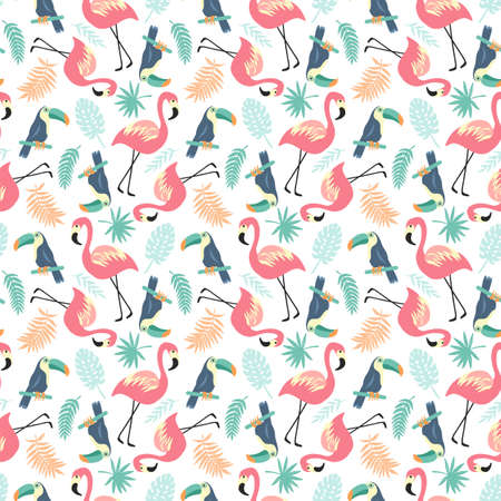 Tropical Seamless pattern with flamingos, toucans and palm leaves, trendy illustrationのイラスト素材