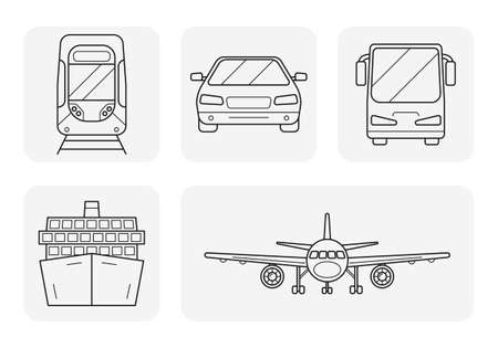 Transport linear art icons set. Plane, subway train, car, bus and ship. Vehicle elements for your business. Logistics conceptのイラスト素材