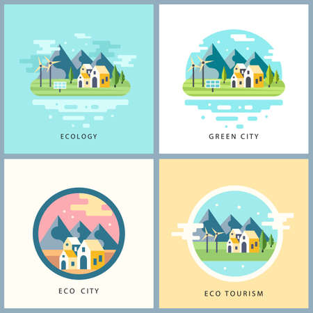 Eco city set. Alternative energy concept. Countryside scenery with mountains, lake and houses, solar panels and windmills. Ecotourism. Background for websites, games in modern flat styleのイラスト素材