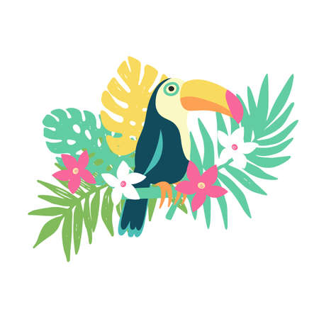 Tropical bird toucan and exotic plants and flowers, trendy fashion print. Design elementのイラスト素材