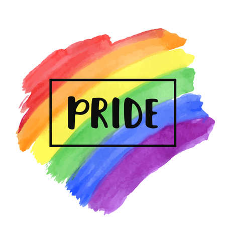 Gay Pride lettering on a watercolor rainbow spectrum flag, homosexuality emblem isolated on white. LGBT rights concept. Modern parades poster, placard, invitation card designのイラスト素材