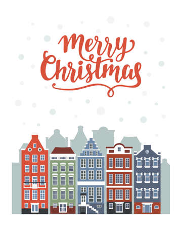 Merry Christmas greeting card with winter Amsterdam houses.  Vector illustration.のイラスト素材