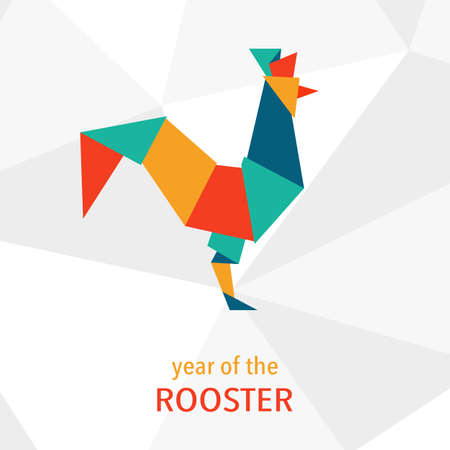 Chinese New Year of the Rooster 2017. Celebration greeting card, placard, banner, poster, template. Elegant festival Illustration of colorful cock in origami geometric trendy styleのイラスト素材