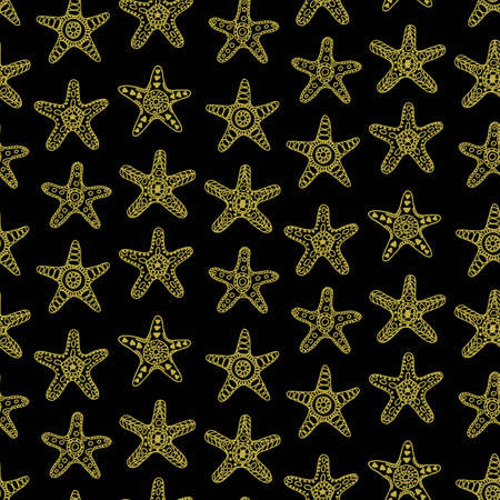Golden Sea Stars Seamless Pattern on black background, hand drawn, vector illustrationのイラスト素材