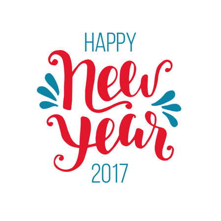 Happy New Year 2017 greeting card. Hand lettering in red and blue colors. Trendy typography design for placards, labels, badges, posters, banners. Modern calligraphy. Holiday vector illustrationのイラスト素材