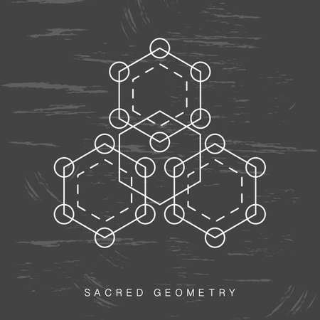 Sacred geometry sign on black grunge background. Linear Modern Art. Hipster alchemy esoteric symbol, logotype. Vector illustrationのイラスト素材
