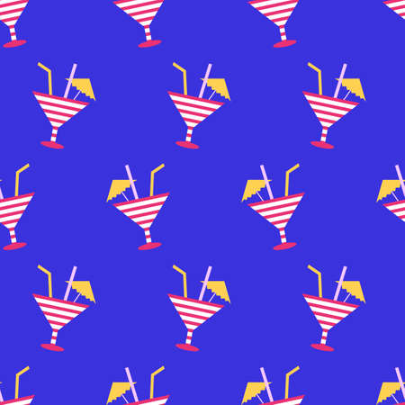 Cocktails summer seamless pattern on neon blue background. 80s, 90s retro style. Fashion textile design, geometric shapes. Vector illustrationのイラスト素材