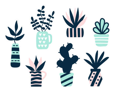 Succulents plants set, mint and quartz colors, isolated on white. Vector illustration. Modern Scandinavian styleのイラスト素材